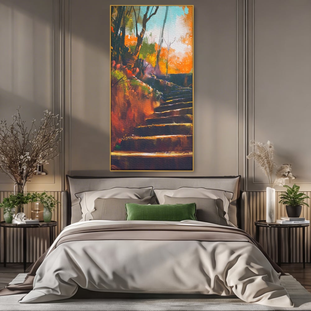 Tablou canvas cu tablou canvas cu scari de toamna, in rama de aluminiu auriu, pe perete intr-un dormitor
